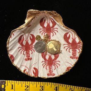 Hand crafted, decopauged, scallop shell jewelry/coin dish. Lobster pattern
